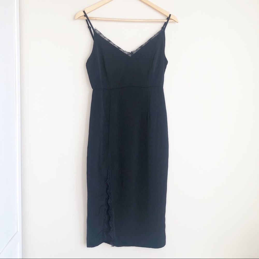 Superdown Revolve Black Slip Dress Lace Slit